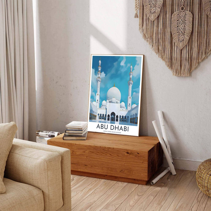 Scenic Abu Dhabi poster displaying Sheikh Zayed Grand Mosque vector artwork with clean typography and golden crescent details at bottom. Offered by MapYourDreams, this artwork is available in flexible options including unframed paper, custom wooden frames, and gallery canvas wraps to enhance any wall space.