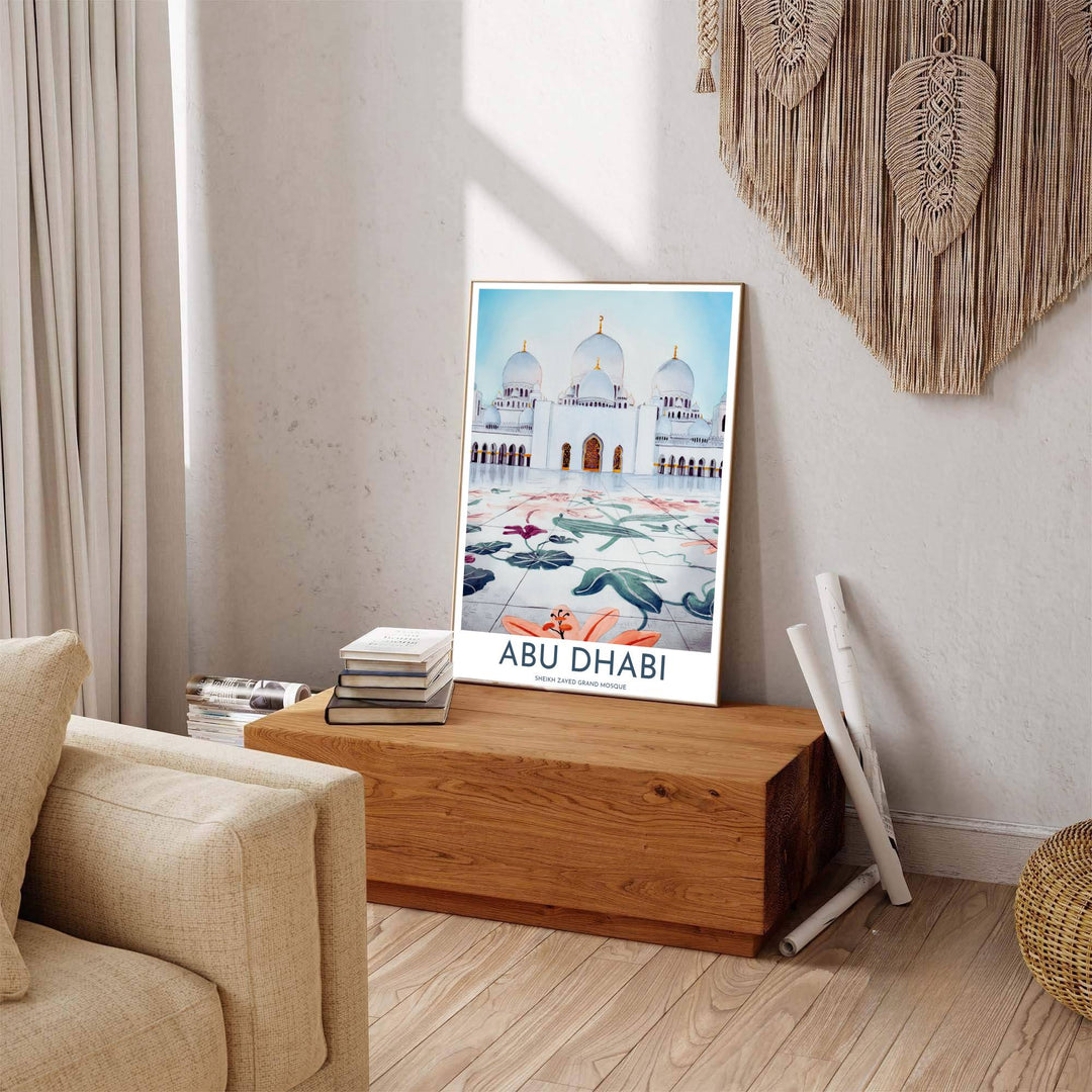 Scenic Abu Dhabi poster displaying Sheikh Zayed Grand Mosque watercolor artwork with floral mosaic details and gold accents at bottom. Offered by MapYourDreams, this artwork is available in flexible options including unframed paper, custom wooden frames, and gallery canvas wraps to enhance any wall space.
