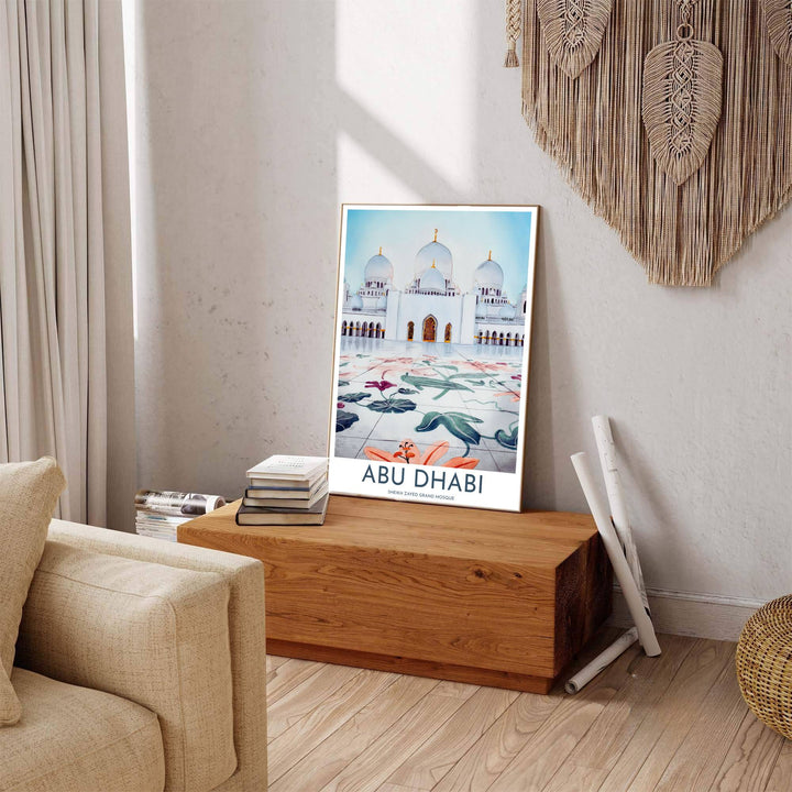 Scenic Abu Dhabi poster displaying Sheikh Zayed Grand Mosque watercolor artwork with floral mosaic details and gold accents at bottom. Offered by MapYourDreams, this artwork is available in flexible options including unframed paper, custom wooden frames, and gallery canvas wraps to enhance any wall space.