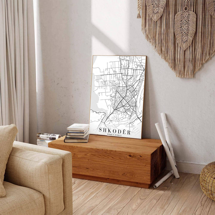 Jet black linework contrasts sharply against paper white stock in this elegant Shkodër map poster featuring geographic coordinates. Offered by MapYourDreams in custom choices such as unframed paper, wood-framed options, and gallery-style canvas.
