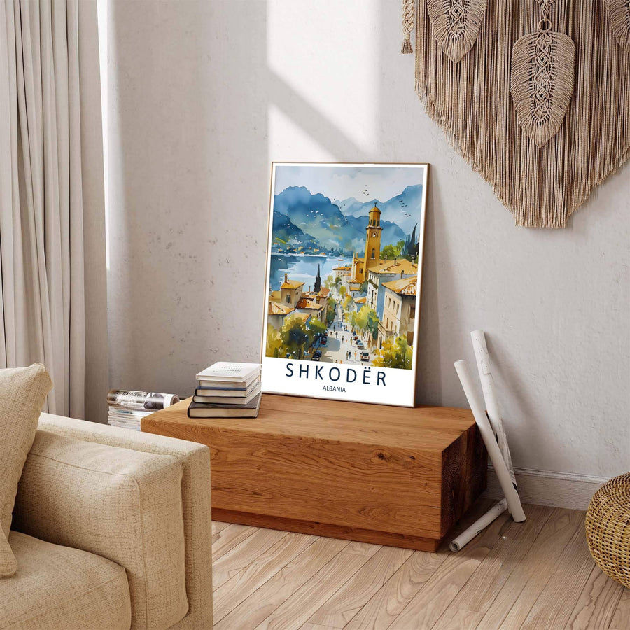 Winding streets and historic stone buildings define the Shkodër townscape, where tranquil color washes mirror the brightness of European sunlight. Offered by MapYourDreams in tailored options including unframed paper, framed presentations, and canvas wraps.
