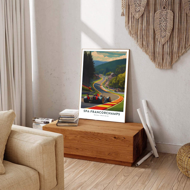 High-speed racing decor capturing the majesty of Eau Rouge at Spa-Francorchamps in the Ardennes region of Belgium. Offered by MapYourDreams, this artwork is available in flexible options including unframed paper, custom wooden frames, and gallery canvas wraps.