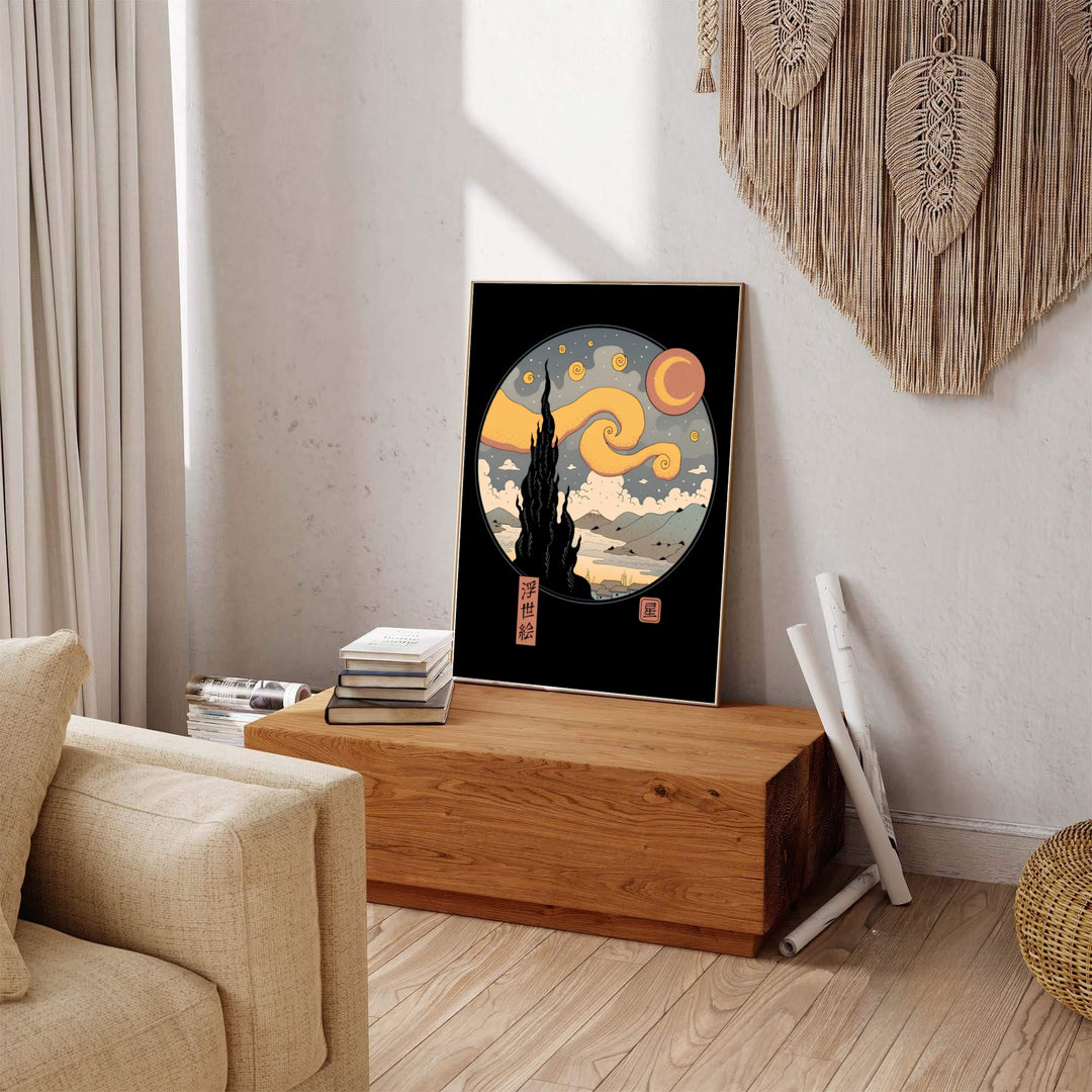 Minimalist Japanese woodcut art print of Vincent van Gogh Starry Night Ukiyo E 1889 displaying a starry night sky above Saint-Rémy-de-Provence and Mount Fuji. Shop high-definition framed prints, unframed poster art, and stretched canvas choices directly at MapYourDreams for 1889 art displays.