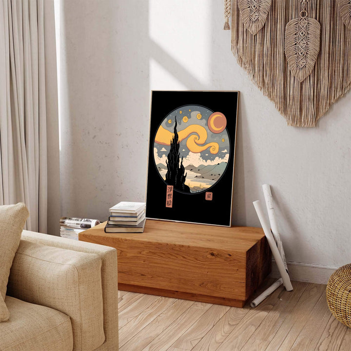 Minimalist Japanese woodcut art print of Vincent van Gogh Starry Night Ukiyo E 1889 displaying a starry night sky above Saint-Rémy-de-Provence and Mount Fuji. Shop high-definition framed prints, unframed poster art, and stretched canvas choices directly at MapYourDreams for 1889 art displays.