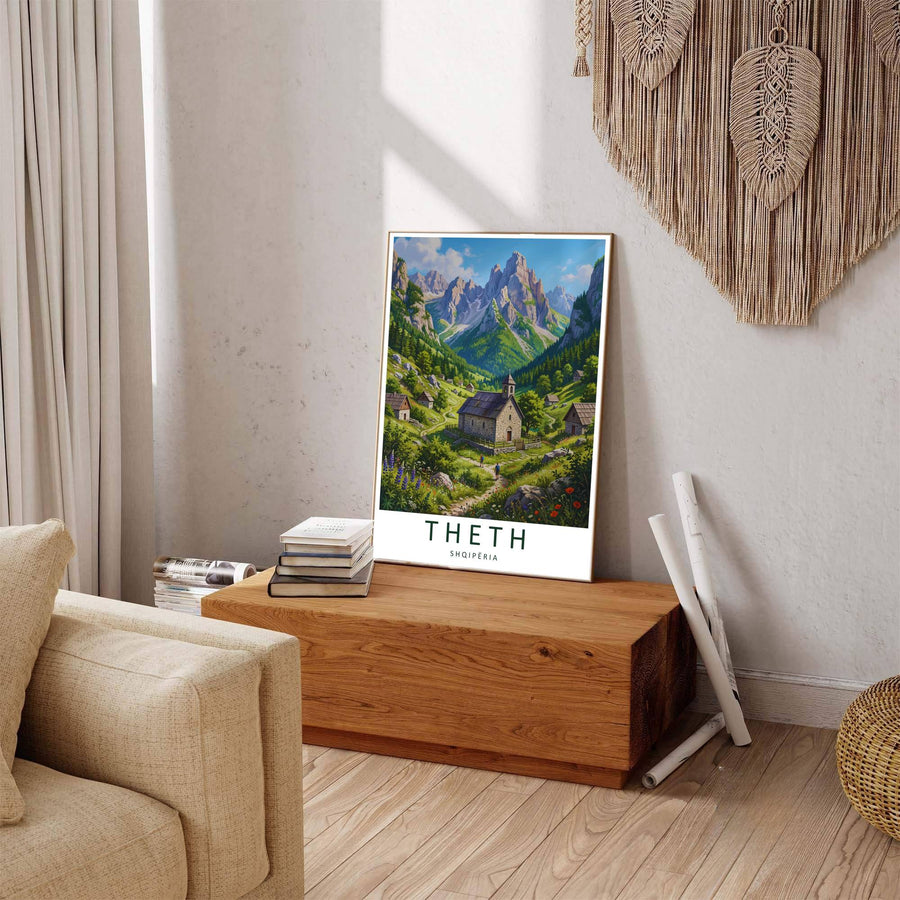 Winding pastoral paths and rustic wooden fences define the valley surrounding the Theth church, where green meadows stretch toward towering crags. Offered by MapYourDreams in tailored options including unframed paper, framed presentations, and canvas wraps.
