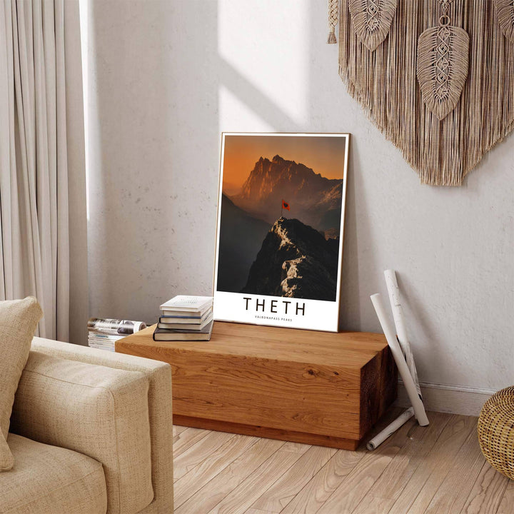 Deep charcoal shadows contrast sharply against glowing golden peak summits in this elegant Theth Valbona map poster featuring geographic views. Offered by MapYourDreams in tailored options including unframed paper, framed presentations, and canvas wraps.