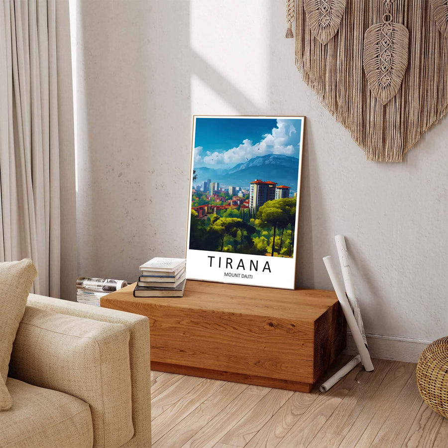 Winding park pathways and modern tower architecture line the Tirana valley, where tranquil light reflections mirror the brightness of morning sunlight. Offered by MapYourDreams in tailored options including unframed paper, framed presentations, and canvas wraps.