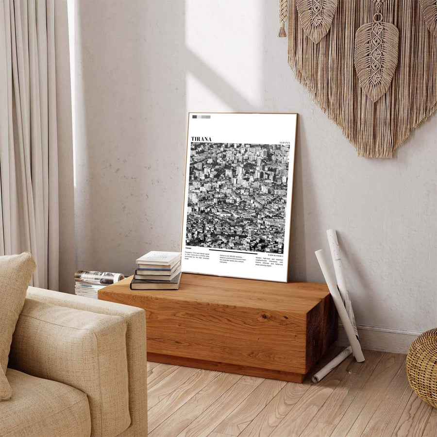 Deep charcoal shadows contrast sharply against bright architectural rooftops in this elegant Black &amp; White photographic Tirana cityscape poster featuring geographic views. Offered by MapYourDreams in tailored options including unframed paper, framed presentations, and canvas wraps.