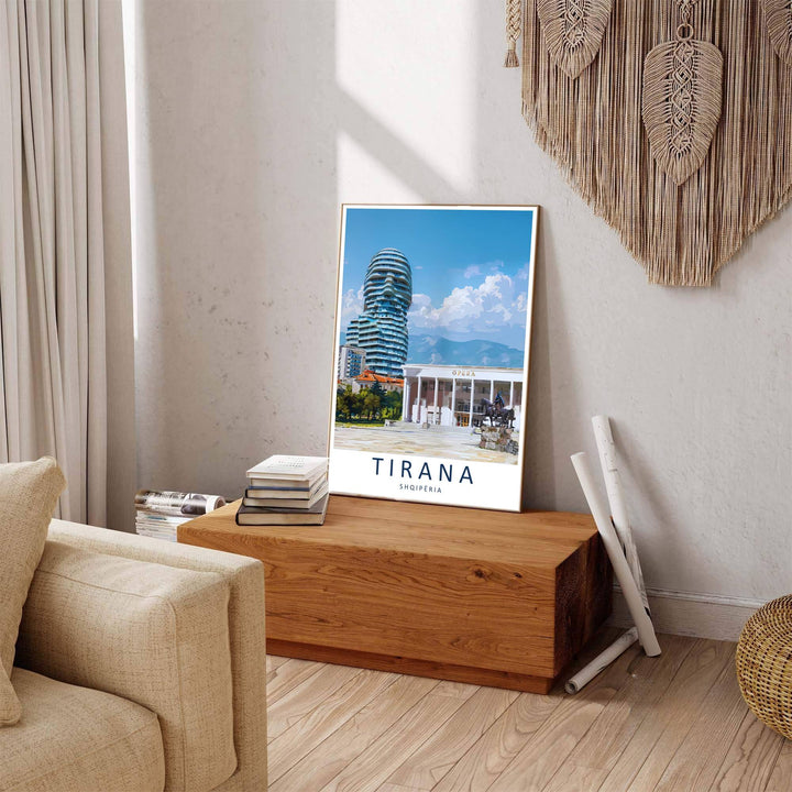 Winding plaza pathways and modern tower architecture line the Tirana city center, where tranquil light reflections mirror morning sunlight. Offered by MapYourDreams in tailored options including unframed paper, framed presentations, and canvas wraps.