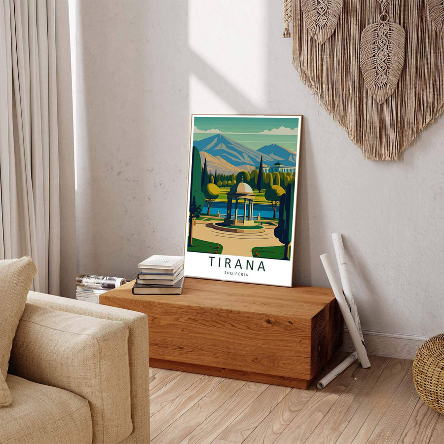 Winding park pathways and open plaza architecture line the Tirana lakeside, where tranquil light reflections mirror the brightness of morning sunlight. Offered by MapYourDreams in tailored options including unframed paper, framed presentations, and canvas wraps.