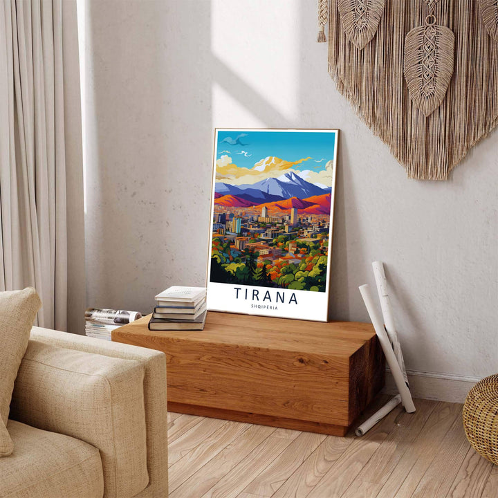 Winding park pathways and modern tower architecture line the Tirana valley, where tranquil light reflections mirror the brightness of sunset sunlight. Offered by MapYourDreams in tailored options including unframed paper, framed presentations, and canvas wraps.