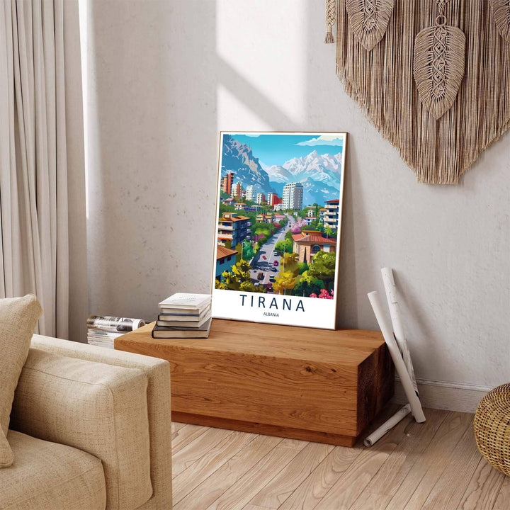 Winding asphalt avenues and modern tower architecture line the Tirana valley, where tranquil light reflections mirror the brightness of daytime sun. Offered by MapYourDreams in tailored options including unframed paper, framed presentations, and canvas wraps.