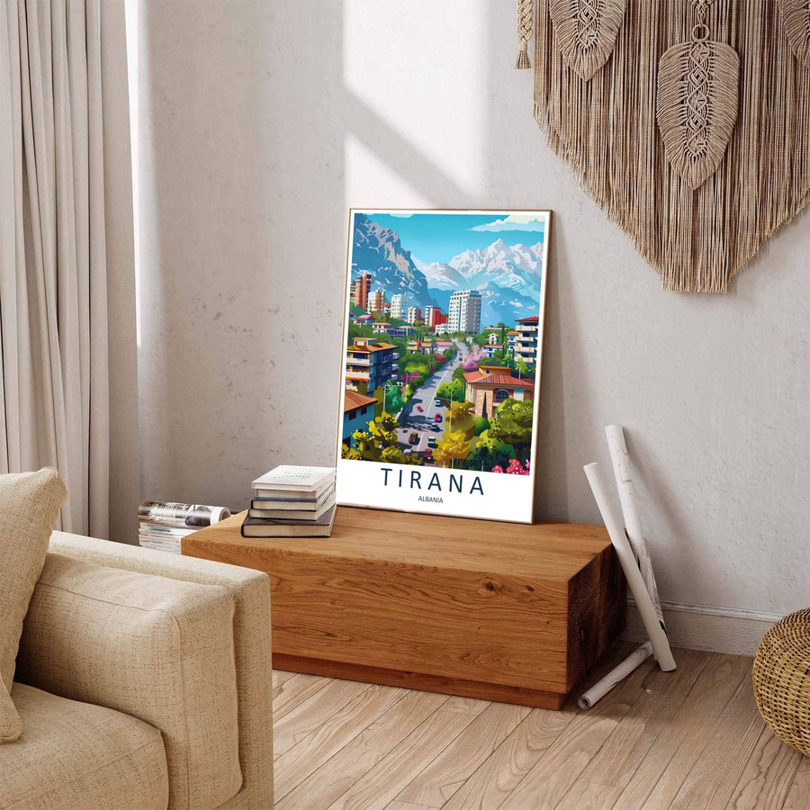 Winding asphalt avenues and modern tower architecture line the Tirana valley, where tranquil light reflections mirror the brightness of daytime sun. Offered by MapYourDreams in tailored options including unframed paper, framed presentations, and canvas wraps.