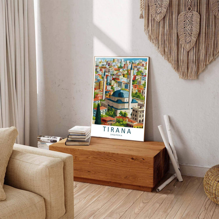 Looking past green foliage toward the grand dome of the Great Mosque, this Tirana art print celebrates Albanian urban heritage and contemporary design. Select your preferred format, such as unframed fine art paper, a custom wood frame, or a gallery canvas wrap.