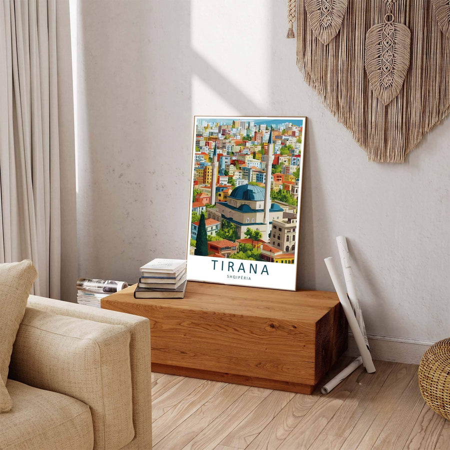 Looking past green foliage toward the grand dome of the Great Mosque, this Tirana art print celebrates Albanian urban heritage and contemporary design. Select your preferred format, such as unframed fine art paper, a custom wood frame, or a gallery canvas wrap.