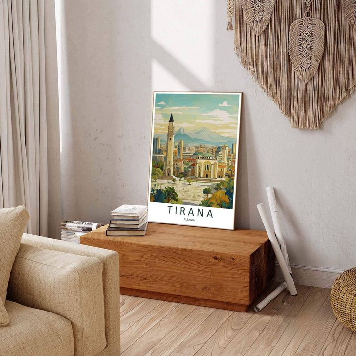 Winding urban plazas and modern building architecture line the Tirana valley, where tranquil light reflections mirror the brightness of daytime sun. Offered by MapYourDreams in tailored options including unframed paper, framed presentations, and canvas wraps.
