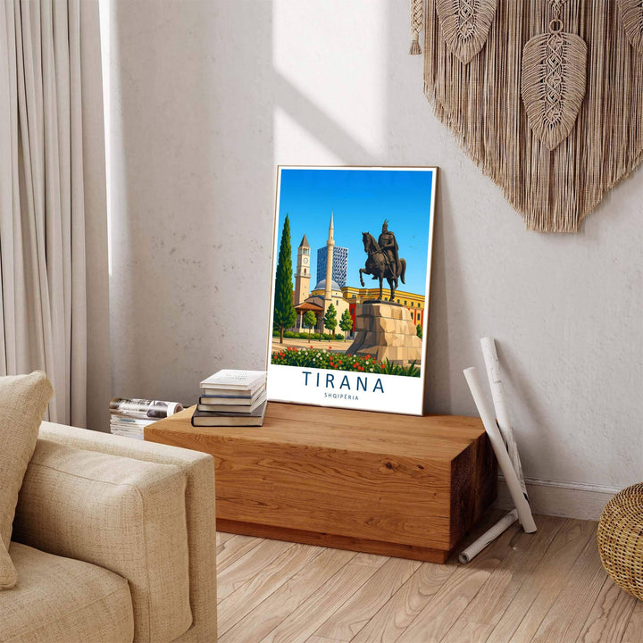Winding urban plazas and modern building architecture line the Tirana city center, where tranquil light reflections mirror the brightness of daytime sun. Offered by MapYourDreams in tailored options including unframed paper, framed presentations, and canvas wraps.