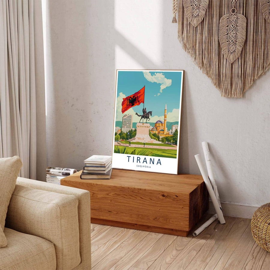 Winding urban plazas and modern building architecture line the Tirana city center, where tranquil light reflections mirror the brightness of daytime sun. Offered by MapYourDreams in tailored options including unframed paper, framed presentations, and canvas wraps.