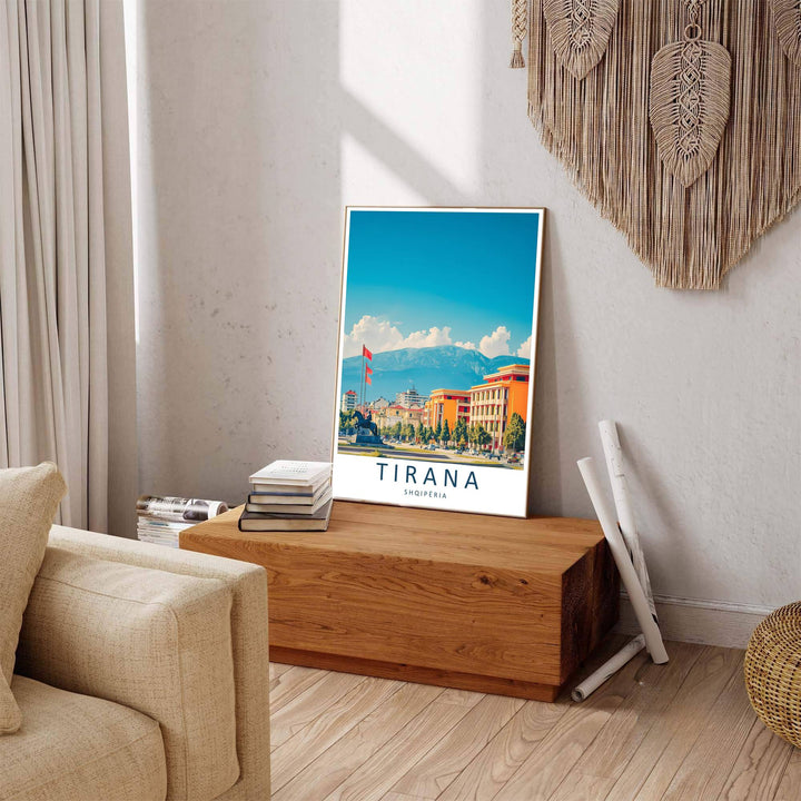 Winding urban plazas and modern building architecture line the Tirana valley, where tranquil light reflections mirror the brightness of daytime sun. Offered by MapYourDreams in tailored options including unframed paper, framed presentations, and canvas wraps.