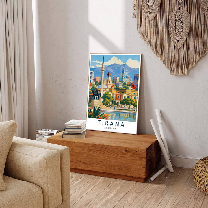 Winding urban plazas and modern building architecture line the Tirana city center, where tranquil water reflections mirror the brightness of daytime sun. Offered by MapYourDreams in tailored options including unframed paper, framed presentations, and canvas wraps.