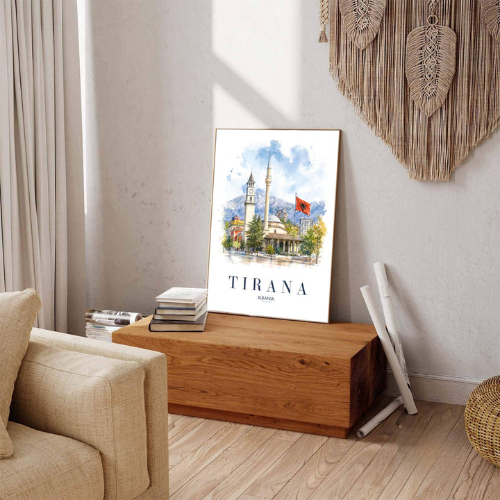 Muted slate shadows contrast gently against warm ochre washes in this elegant Tirana mosque watercolor poster featuring delicate ink outlines. Offered by MapYourDreams in tailored options including unframed paper, framed presentations, and canvas wraps.