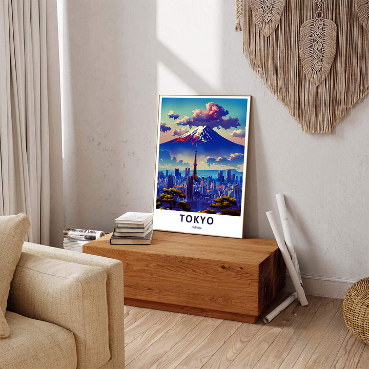 Mount Fuji travel print rendered in vibrant indigo blue, magenta, coral sunset, and snow white tones. Offered by MapYourDreams, this artwork is available in flexible options including unframed paper, custom wooden frames, and gallery canvas wraps.
