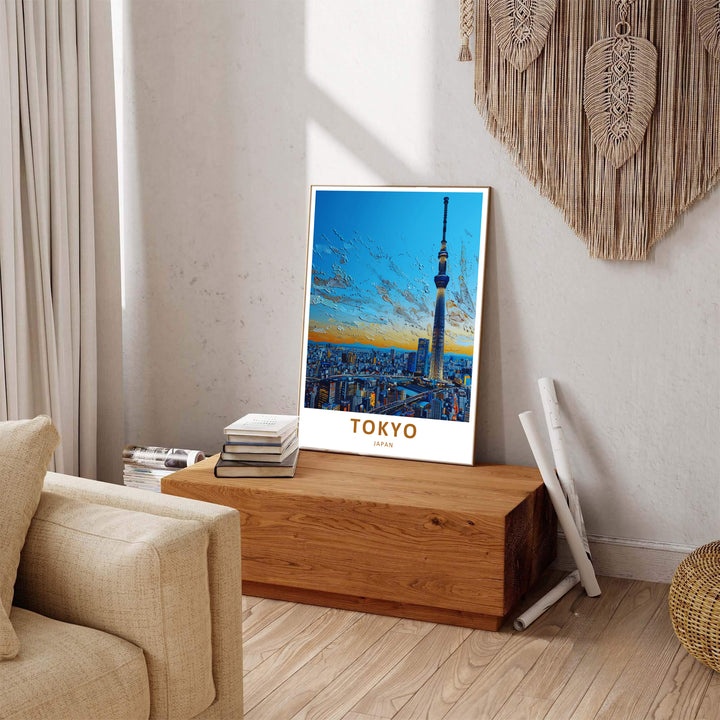 Elegant Japanese wall decor showing Tokyo Skytree surrounded by glowing dusk urban skyline views. Offered by MapYourDreams, this artwork is available in flexible options including unframed paper, custom wooden frames, and gallery canvas wraps.