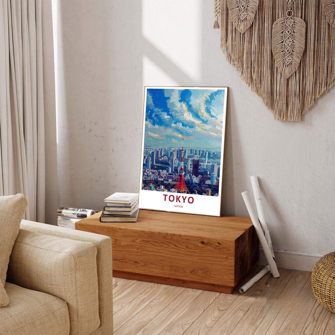 Tokyo Tower travel print rendered in vibrant crimson red, azure blue, golden sunlight, and slate grey hues. Offered by MapYourDreams, this artwork is available in flexible options including unframed paper, custom wooden frames, and gallery canvas wraps.