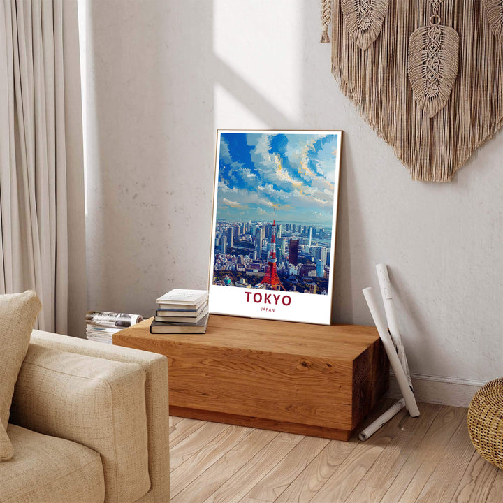 Tokyo Tower travel print rendered in vibrant crimson red, azure blue, golden sunlight, and slate grey hues. Offered by MapYourDreams, this artwork is available in flexible options including unframed paper, custom wooden frames, and gallery canvas wraps.