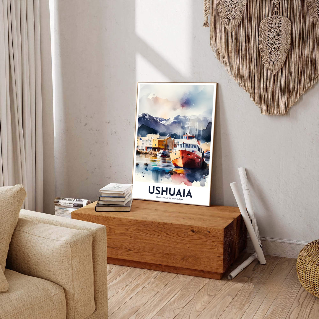 Contrasting rich mustard yellow and red boat hulls against deep indigo waters, this Ushuaia port print captures the spirit of polar exploration, carefully crafted by MapYourDreams across unframed prints, wooden framing, and stretched canvas.