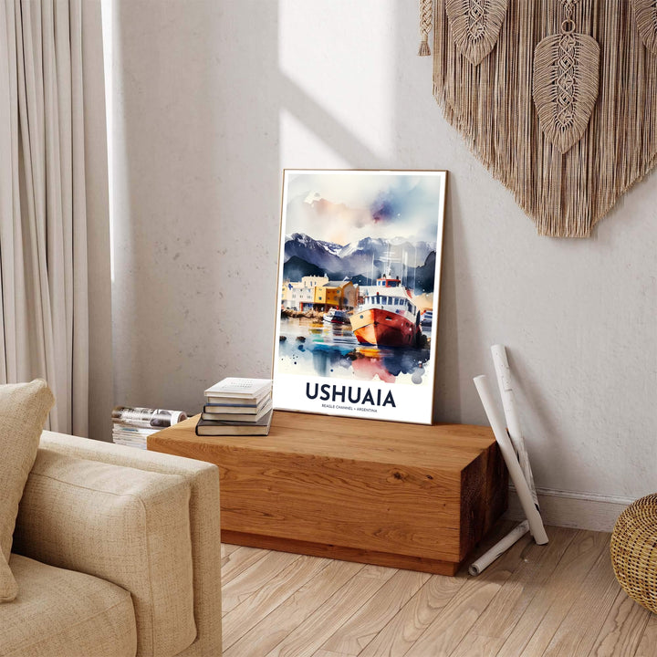 Contrasting rich mustard yellow and red boat hulls against deep indigo waters, this Ushuaia port print captures the spirit of polar exploration, carefully crafted by MapYourDreams across unframed prints, wooden framing, and stretched canvas.