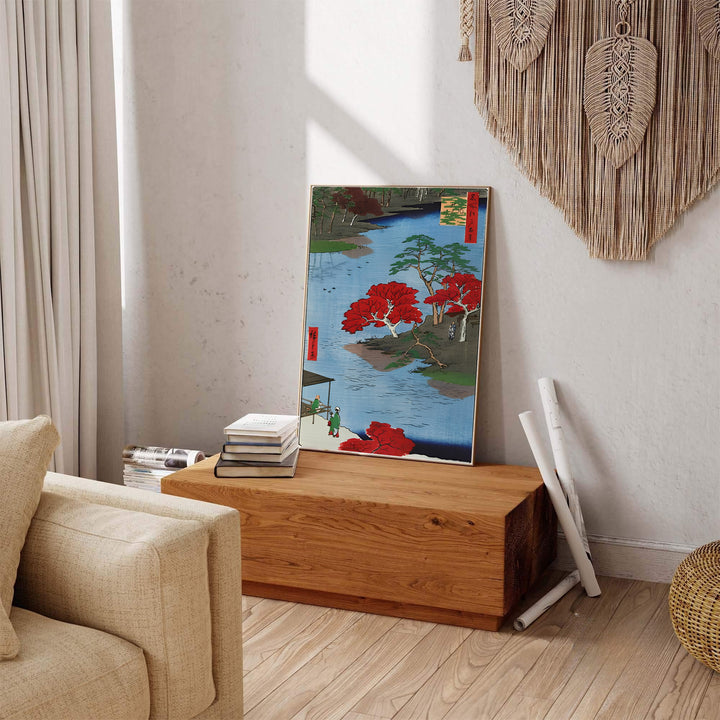 Vintage oriental nature artwork showing Akiba Shrine Ukeji print by artist Utagawa Hiroshige inspired by Edo travel art in Akiba Shrine Ukeji. Explore ready-to-hang framed, unframed paper, and gallery canvas wall decor at MapYourDreams.