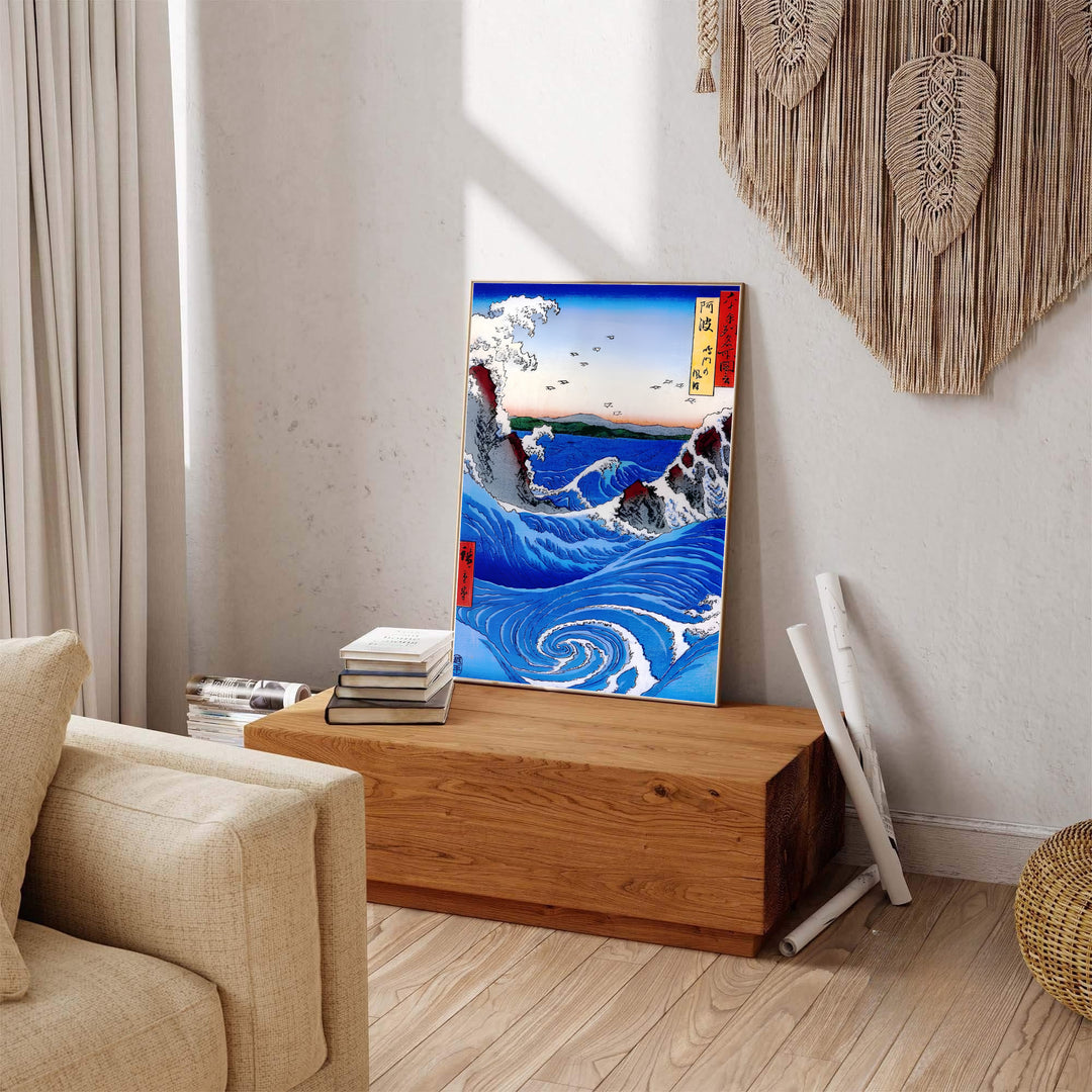 Vintage oriental marine artwork showing Naruto Whirlpool Awa Province print by artist Utagawa Hiroshige inspired by Edo coastal travel art in Naruto Whirlpool Awa Province. Explore ready-to-hang framed, unframed paper, and gallery canvas wall decor at MapYourDreams.