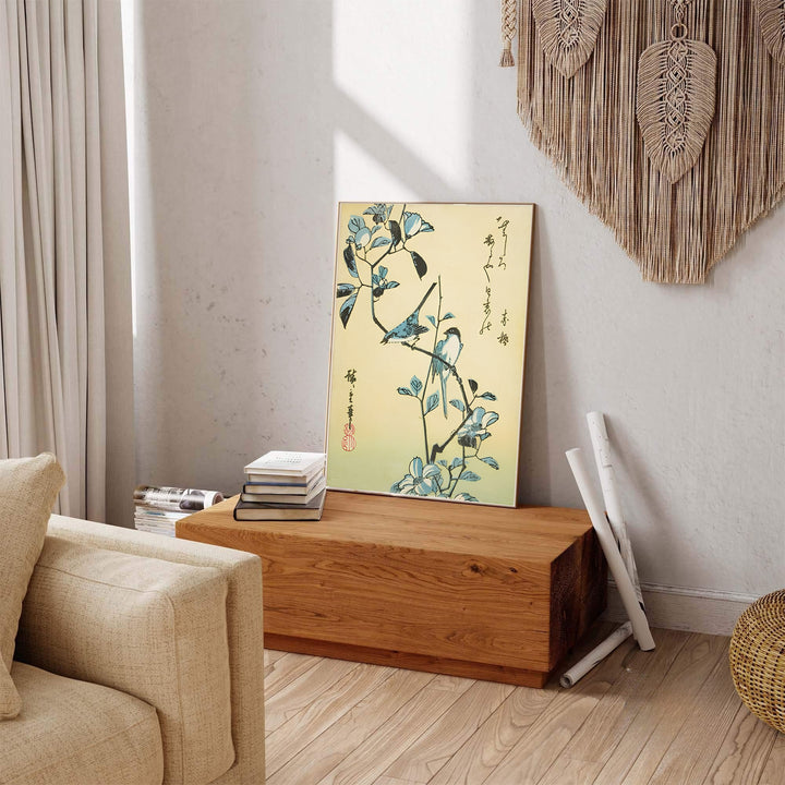 Vintage oriental nature artwork showing Birds Flowering Branch print by artist Utagawa Hiroshige inspired by Edo floral travel art in Edo Botanical Garden. Explore ready-to-hang framed, unframed paper, and gallery canvas wall decor at MapYourDreams.