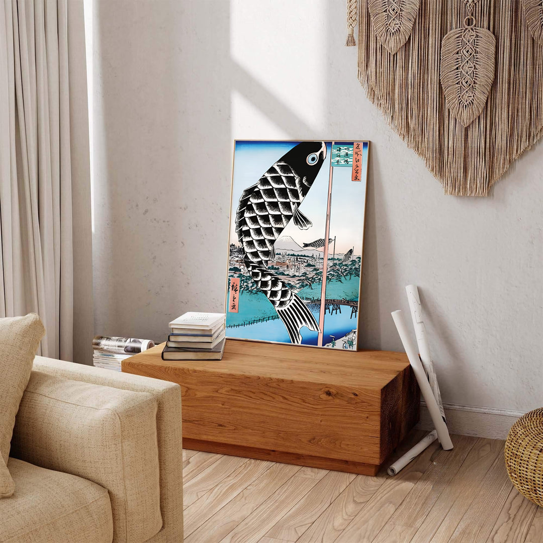 Vintage oriental festival artwork showing Giant Carp Streamer print by artist Utagawa Hiroshige inspired by Edo travel art in Mount Fuji Suidō Bridge. Explore ready-to-hang framed, unframed paper, and gallery canvas wall decor at MapYourDreams.