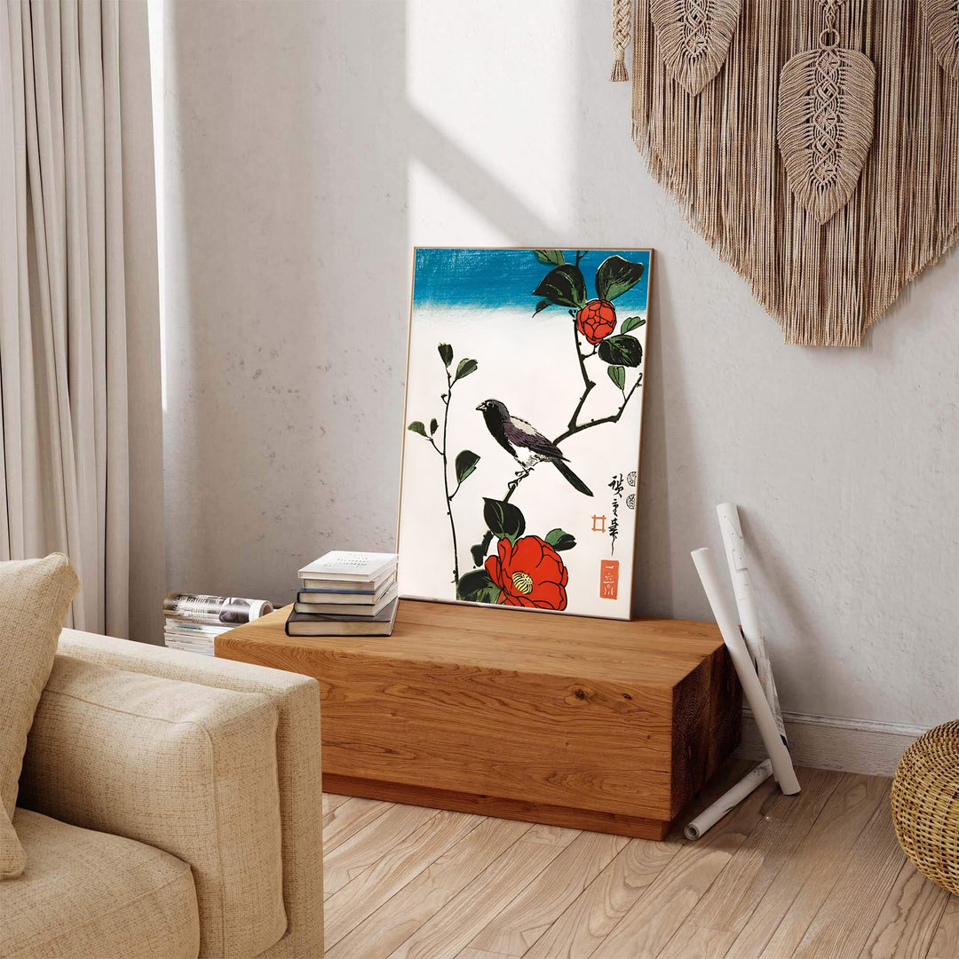 Vintage oriental botanical artwork showing Java Sparrow Camellia print by artist Utagawa Hiroshige inspired by Japanese nature travel art in Kyoto Camellia Garden. Explore ready-to-hang framed, unframed paper, and gallery canvas wall decor at MapYourDreams.