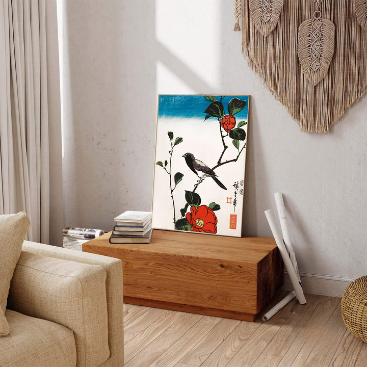 Vintage oriental botanical artwork showing Java Sparrow Camellia print by artist Utagawa Hiroshige inspired by Japanese nature travel art in Kyoto Camellia Garden. Explore ready-to-hang framed, unframed paper, and gallery canvas wall decor at MapYourDreams.