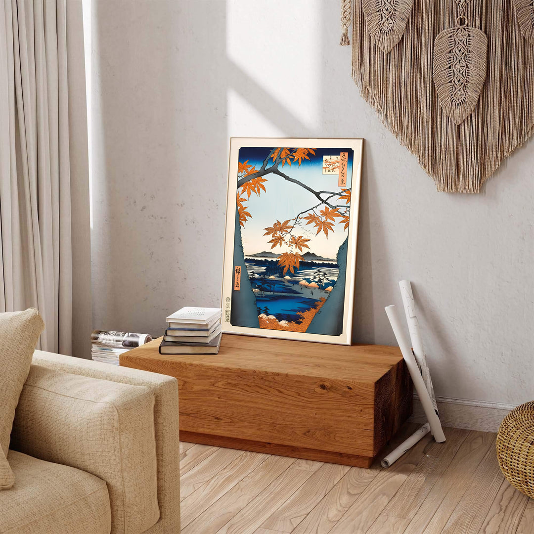 Vintage oriental fall landscape art showing Maple Trees at Mama print by artist Utagawa Hiroshige inspired by travel art at Maple Trees at Mama and Tekona Shrine. Explore ready-to-hang framed, unframed paper, and gallery canvas wall decor at MapYourDreams.