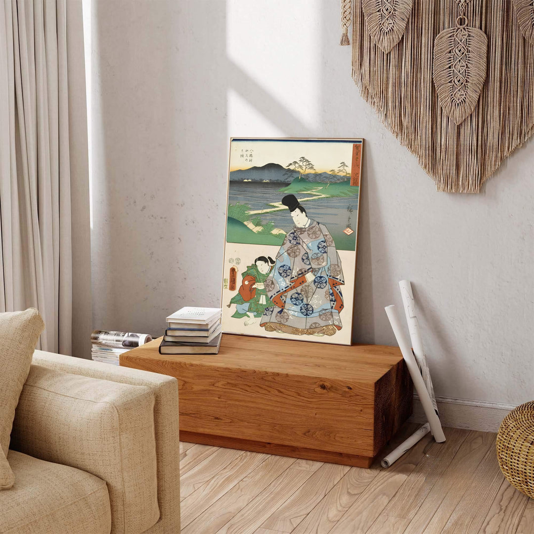 Traditional Japanese woodblock collaboration print Chiryu Yatsuhashi by artist Utagawa Kunisada and Utagawa Hiroshige displaying detailed robes at Chiryu Post Station and Yatsuhashi Bridge. MapYourDreams provides premium framed, unframed, and canvas prints.
