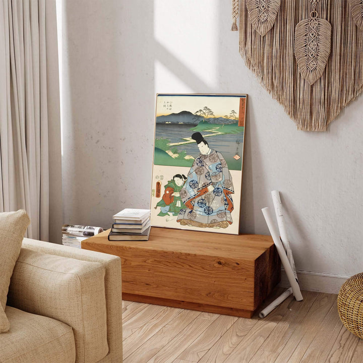 Traditional Japanese woodblock collaboration print Chiryu Yatsuhashi by artist Utagawa Kunisada and Utagawa Hiroshige displaying detailed robes at Chiryu Post Station and Yatsuhashi Bridge. MapYourDreams provides premium framed, unframed, and canvas prints.