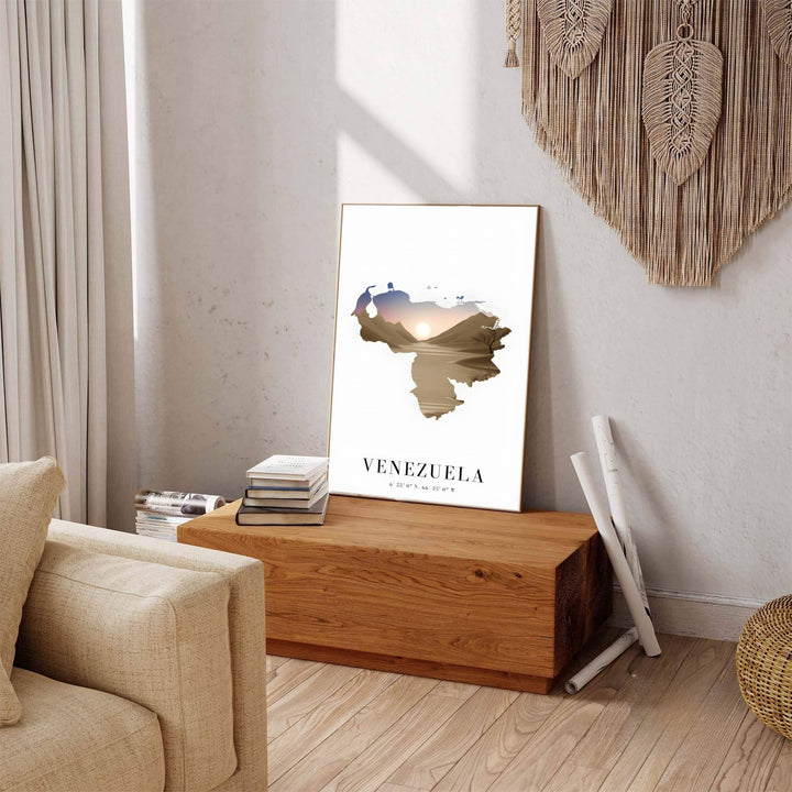 Beautiful South American landmark wall decor displaying the setting sun and sand dunes of Coro masked inside Venezuela&