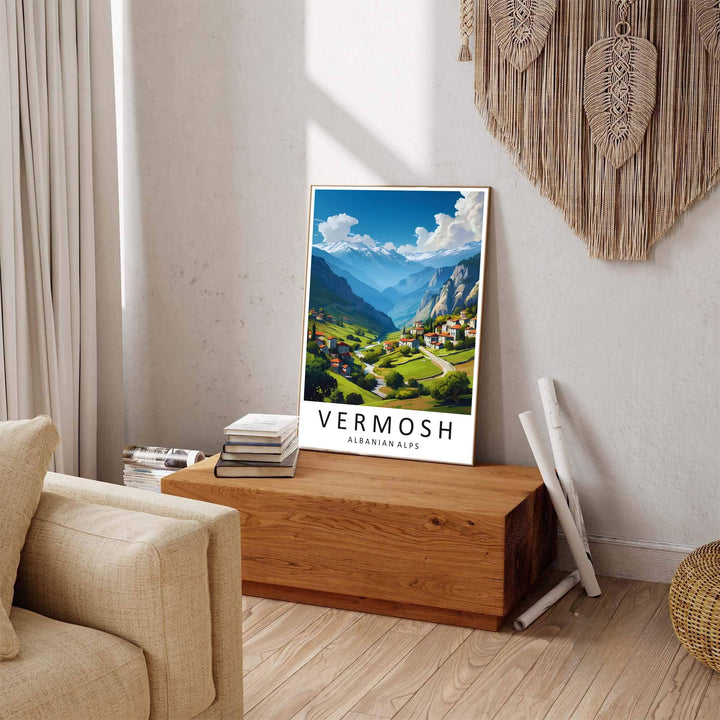 Winding valley rivers and traditional alpine architecture line the Vermosh landscape, where tranquil light reflections mirror the brightness of daytime sun. Offered by MapYourDreams in tailored options including unframed paper, framed presentations, and canvas wraps.