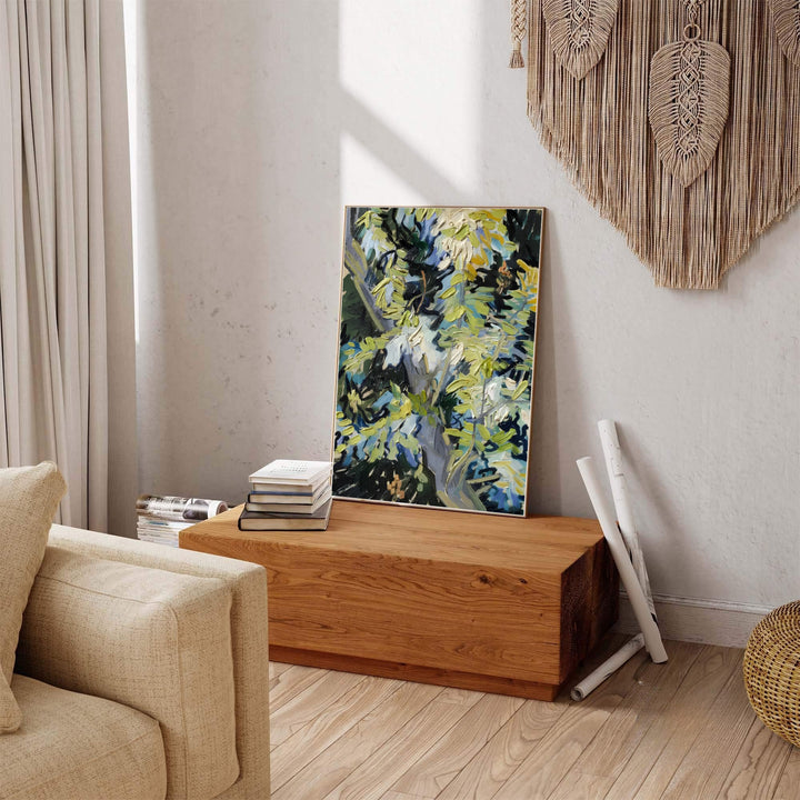 Organic botanical canvas art print of Vincent van Gogh Blossoming Acacia Branches 1890 depicting outdoor light filtering through branches in Auvers-sur-Oise France. MapYourDreams offers versatile framed wall art, unframed poster prints, and stretched canvas choices for home decorators.