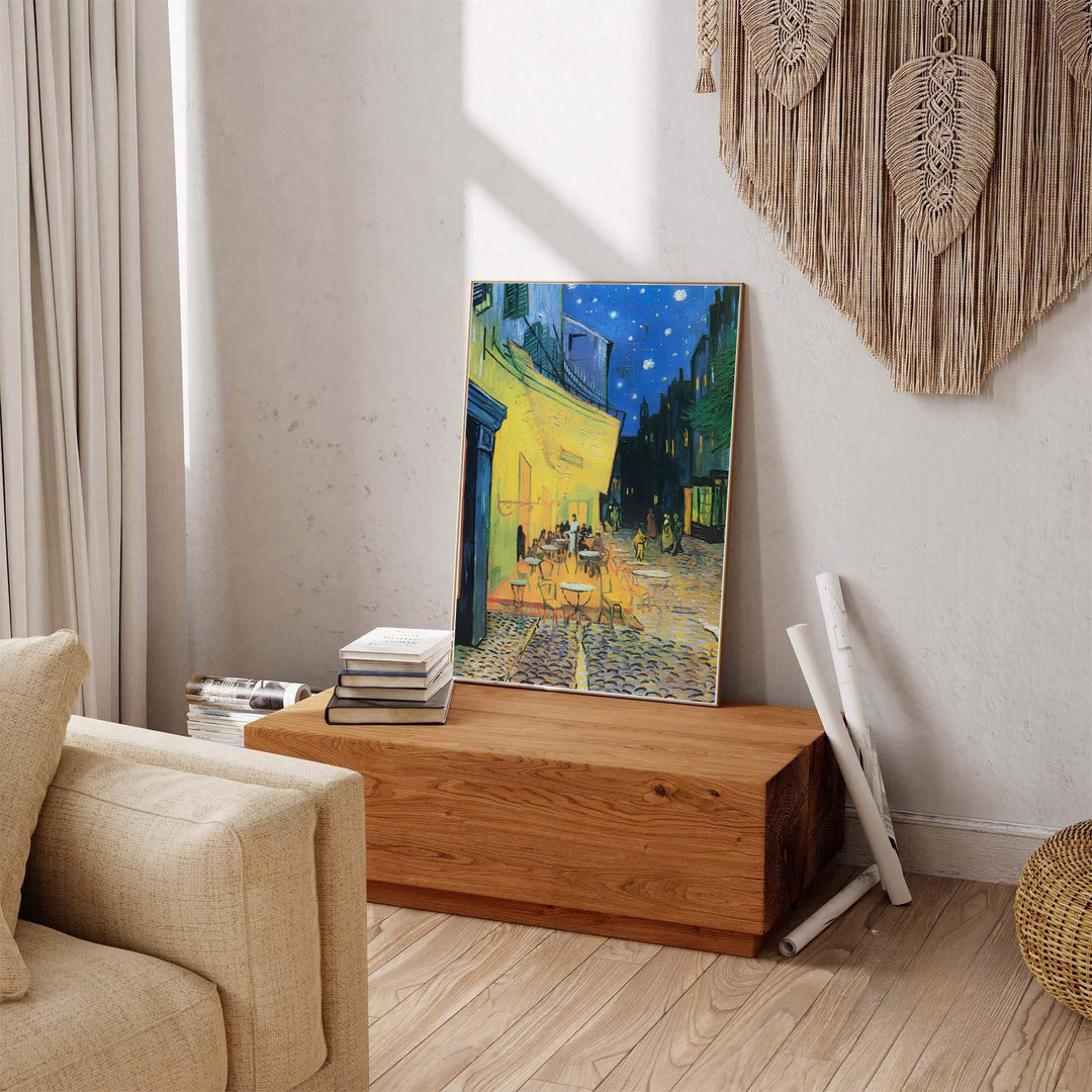 French post-impressionist town art print of Vincent van Gogh Cafe Terrace at Night 1888 highlighting glowing cafe tables on Place du Forum in Arles France. Explore ready-to-hang framed wall art, unframed paper prints, and gallery canvas decor available directly from the MapYourDreams store.