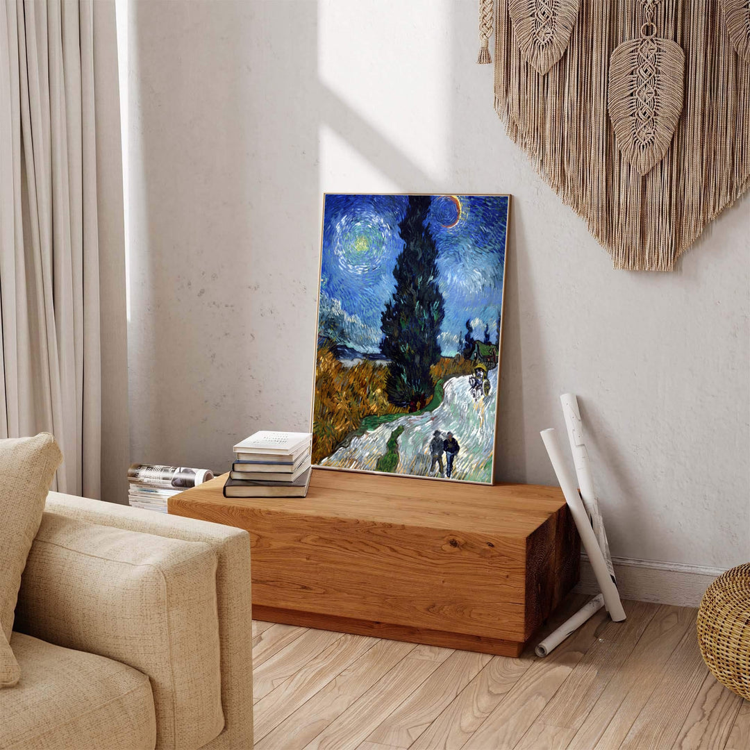 French post-impressionist scenery art print of Vincent van Gogh Country Road in Provence by Night 1890 highlighting a moonlit path in Saint-Rémy-de-Provence France. Explore ready-to-hang framed wall art, unframed paper prints, and gallery canvas decor available directly from MapYourDreams.