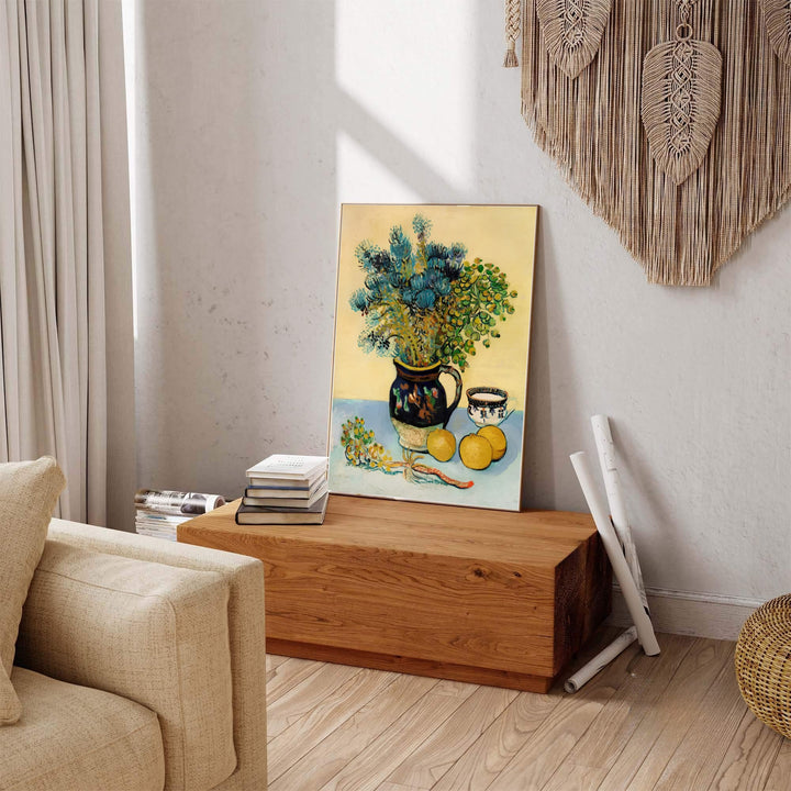 French Post-Impressionist botanical print of Vincent van Gogh Majolica Jar Wildflowers 1888 featuring blue wildflowers in Arles France. Explore ready-to-hang framed wall art, unframed paper prints, and gallery canvas decor available directly from the MapYourDreams store.