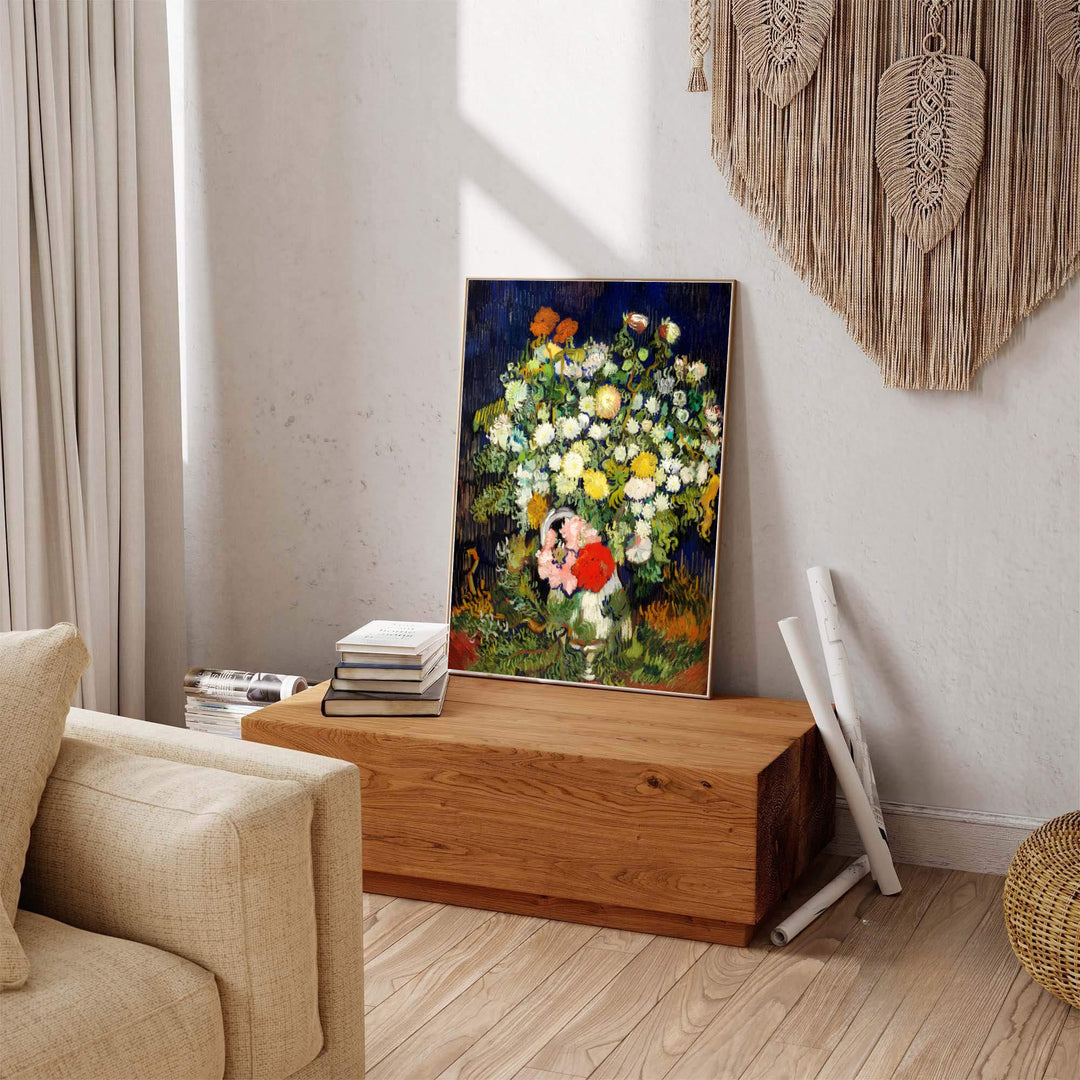 French Post-Impressionist botanical print of Vincent van Gogh Vase With Flowers 1890 featuring full summer blooms in Auvers-sur-Oise France. Explore ready-to-hang framed wall art, unframed paper prints, and gallery canvas decor available directly from the MapYourDreams store.