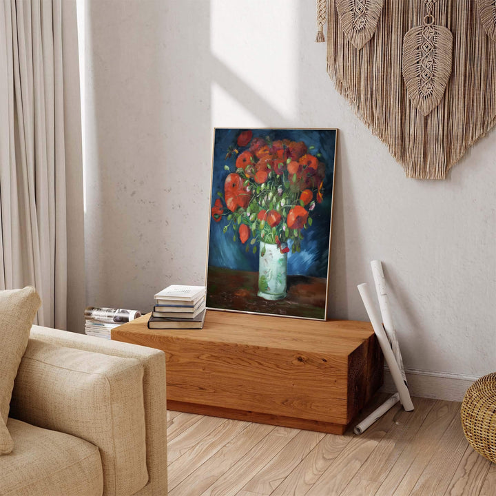 French Post-Impressionist botanical print of Vincent van Gogh Vase With Red Poppies 1886 featuring full red flowers in Paris France. Explore ready-to-hang framed wall art, unframed paper prints, and gallery canvas decor available directly from the MapYourDreams online store.