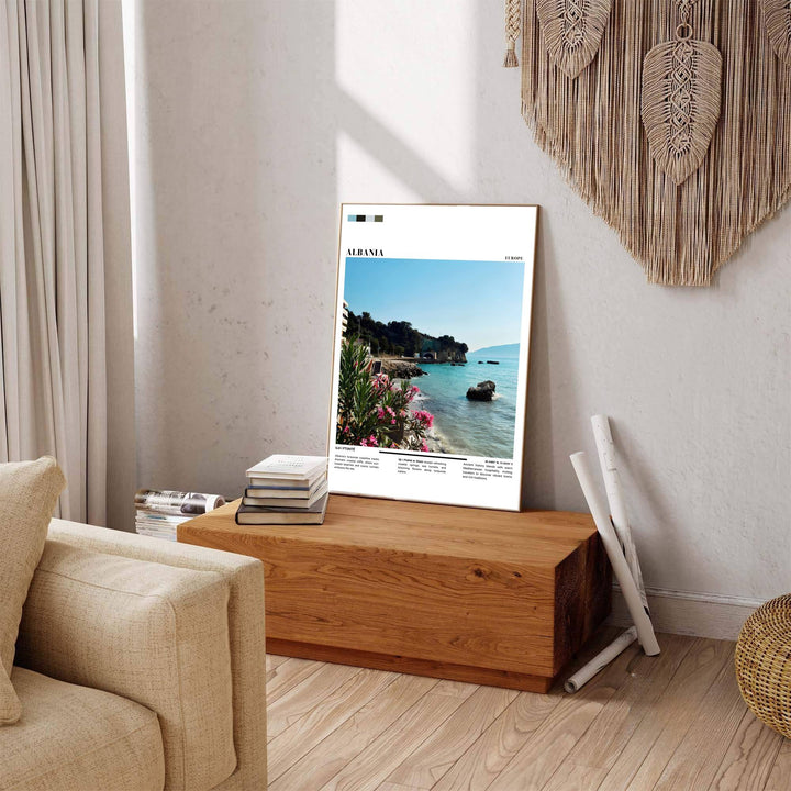 Deep rocky shadows contrast gently against bright turquoise sea tones in this elegant Vlorë coast poster featuring editorial coordinate captions. Offered by MapYourDreams in tailored options including unframed paper, framed presentations, and canvas wraps.