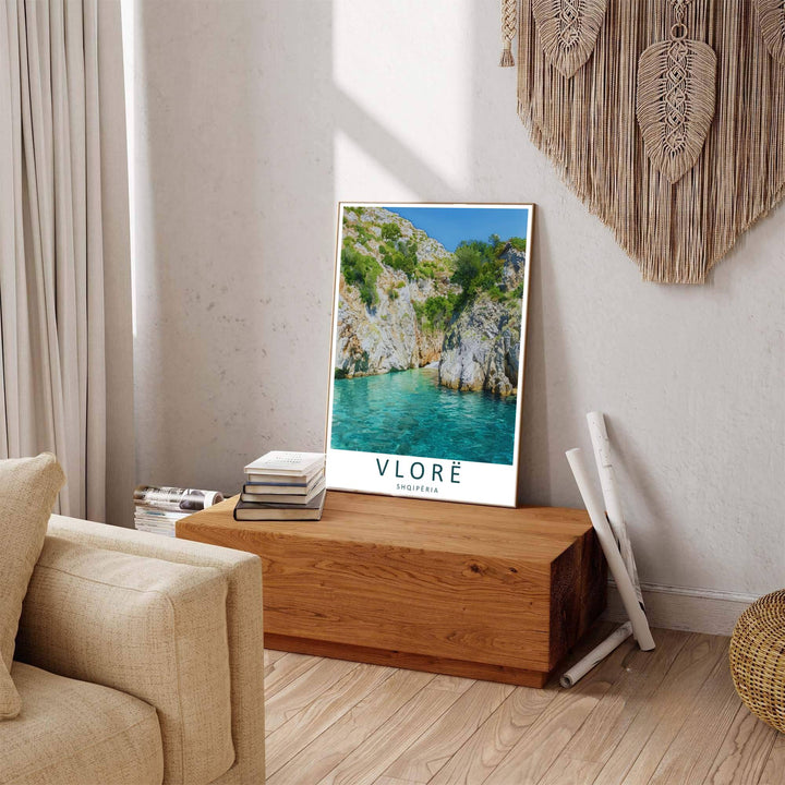 Winding canyon shadows and traditional Mediterranean scrub line the Gjipe landscape, where tranquil water reflections mirror the brightness of daytime sun. Offered by MapYourDreams in tailored options including unframed paper, framed presentations, and canvas wraps.